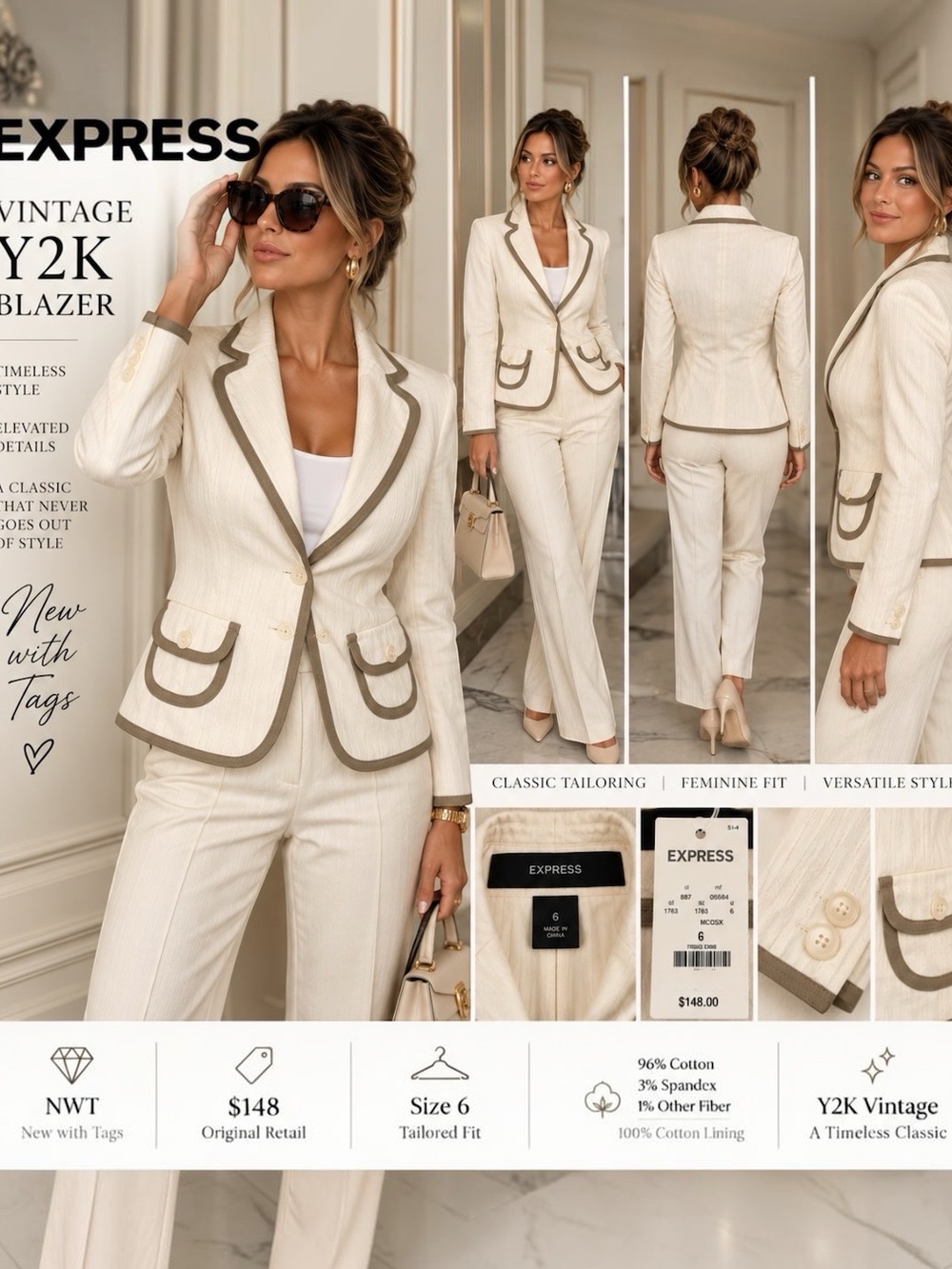 Vintage Y2K Express Cream Contrast Trim Blazer Size 6 NWT